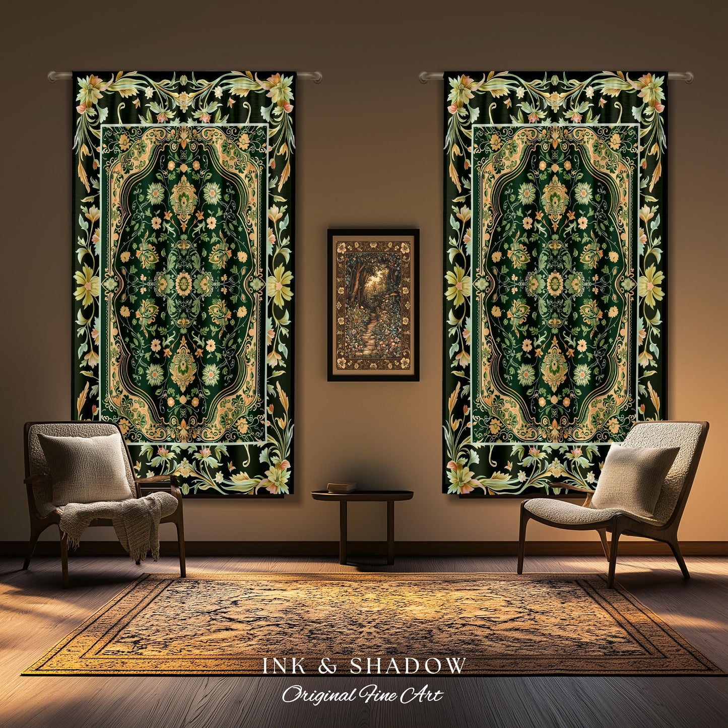 Ornate Emerald Green Curtains | Bohemian Style Cottagecore Drapes Hippie Aesthetic Forest Green Detail Vibrant Color Bedroom Decor Retro |