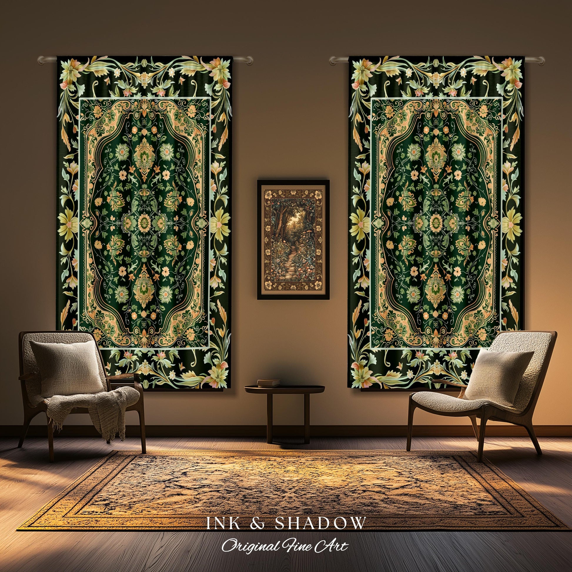 Ornate Emerald Green Curtains | Bohemian Style Cottagecore Drapes Hippie Aesthetic Forest Green Detail Vibrant Color Bedroom Decor Retro |