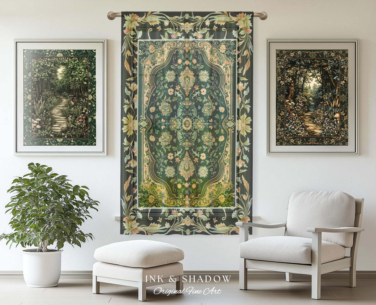 Ornate Emerald Green Curtains | Bohemian Style Cottagecore Drapes Hippie Aesthetic Forest Green Detail Vibrant Color Bedroom Decor Retro |