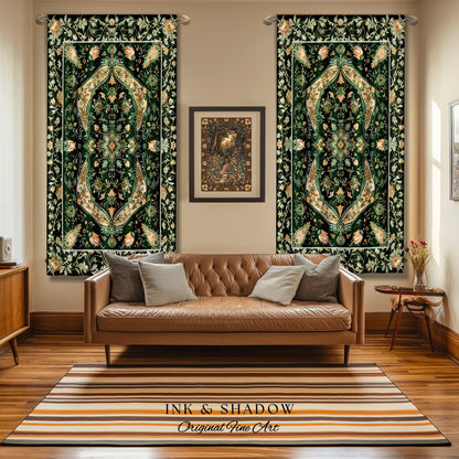 Elegant Sea Green Curtains | Classic Ornate Statement Drapes with Emerald Green Detail Peachy Accent Bohemian Aesthetic for Cozy Bedroom |