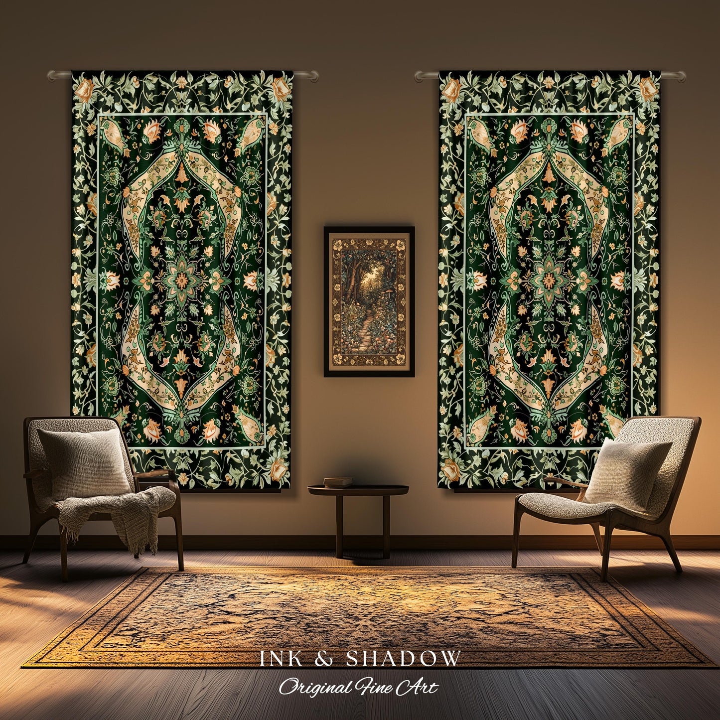 Elegant Sea Green Curtains | Classic Ornate Statement Drapes with Emerald Green Detail Peachy Accent Bohemian Aesthetic for Cozy Bedroom |