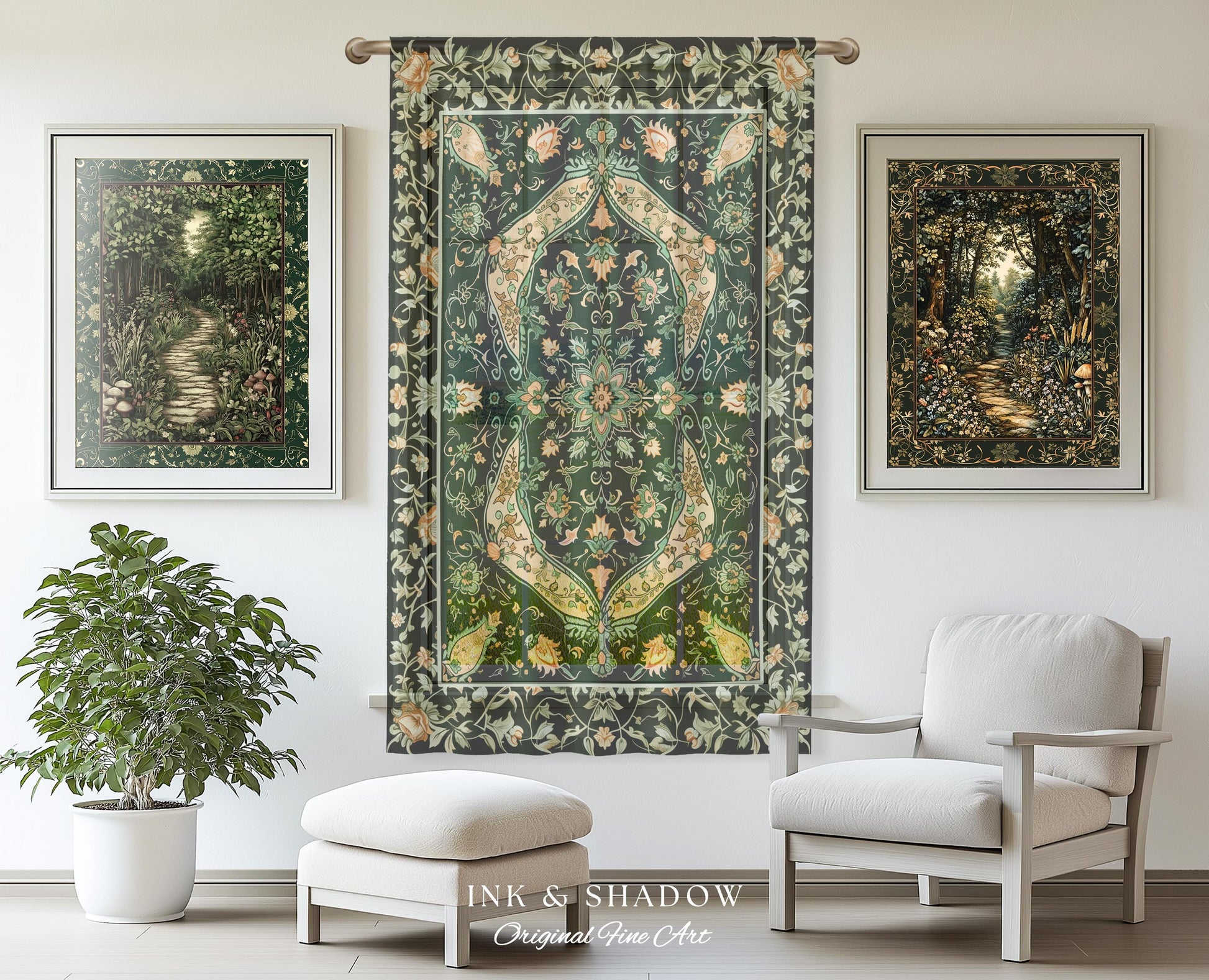 Elegant Sea Green Curtains | Classic Ornate Statement Drapes with Emerald Green Detail Peachy Accent Bohemian Aesthetic for Cozy Bedroom |