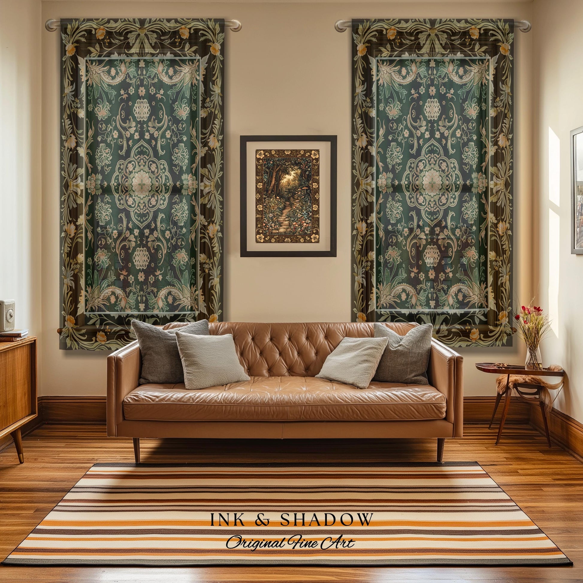 Emerald Window Curtains for Living Room | Classic Ornate Drapes with Green Detail Peachy Accent Bohemian Aesthetic for Cozy Reading Nook |