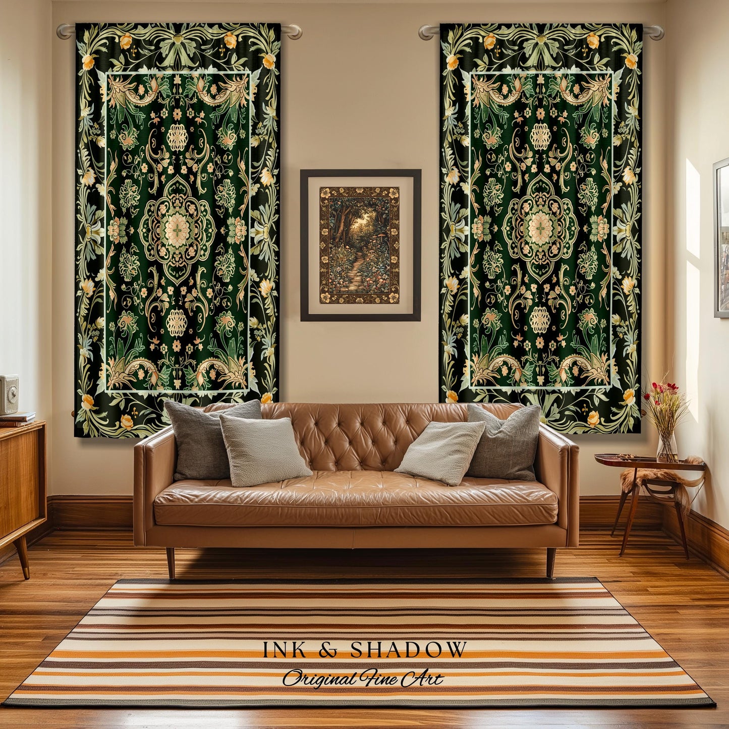 Emerald Window Curtains for Living Room | Classic Ornate Drapes with Green Detail Peachy Accent Bohemian Aesthetic for Cozy Reading Nook |