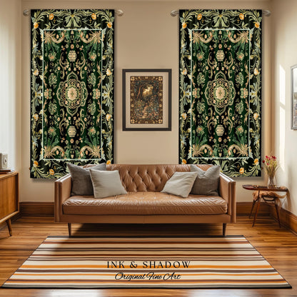 Emerald Window Curtains for Living Room | Classic Ornate Drapes with Green Detail Peachy Accent Bohemian Aesthetic for Cozy Reading Nook |