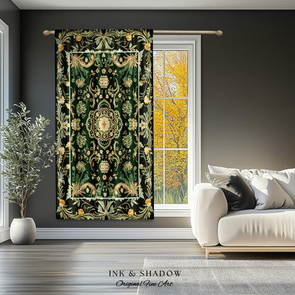 Emerald Window Curtains for Living Room | Classic Ornate Drapes with Green Detail Peachy Accent Bohemian Aesthetic for Cozy Reading Nook |