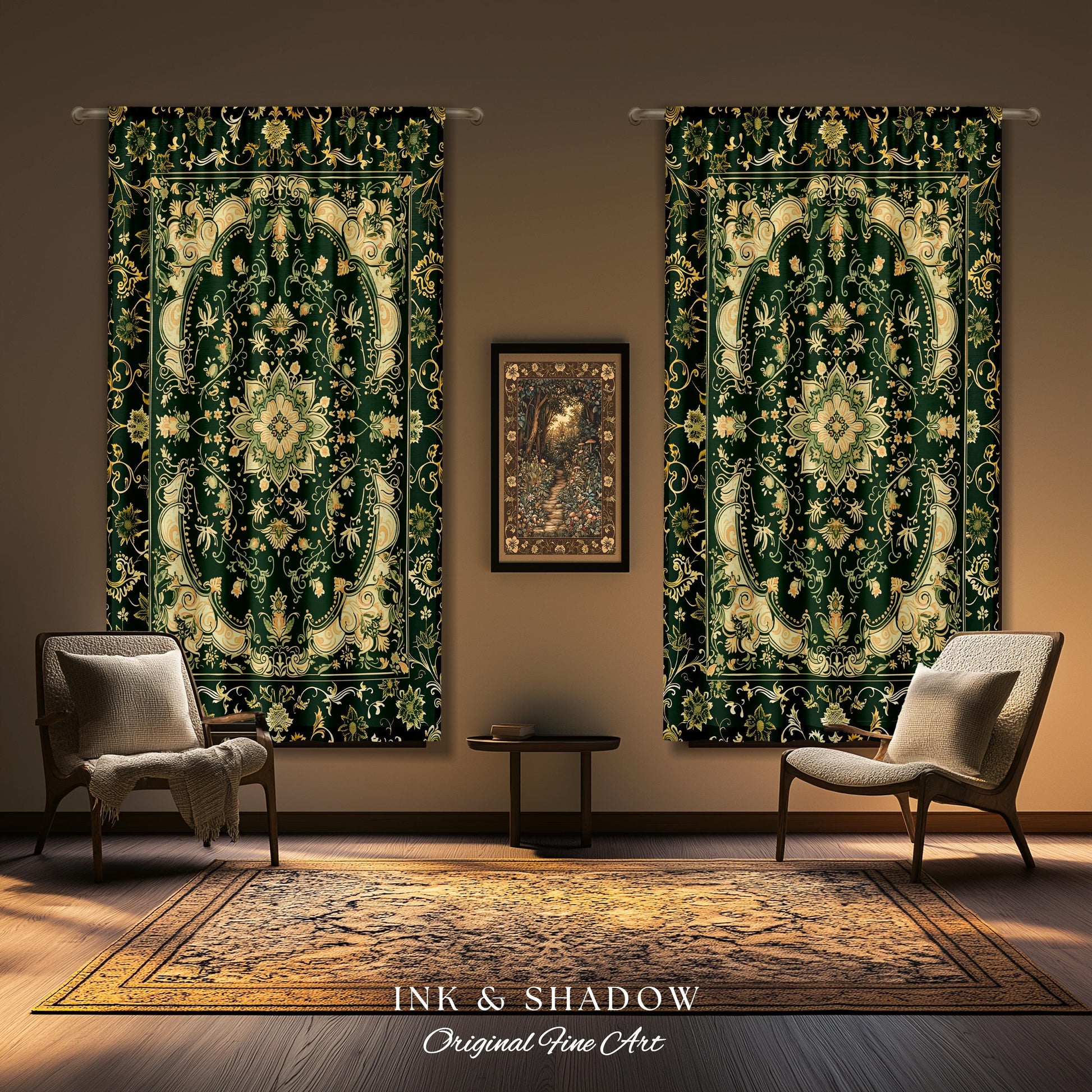 Gothic Baroque Emerald Curtain Panels | Enchanted Cottagecore Aesthetic Romantic Interior Style Soft Gothic Decor Baroque-Inspired Drapes |
