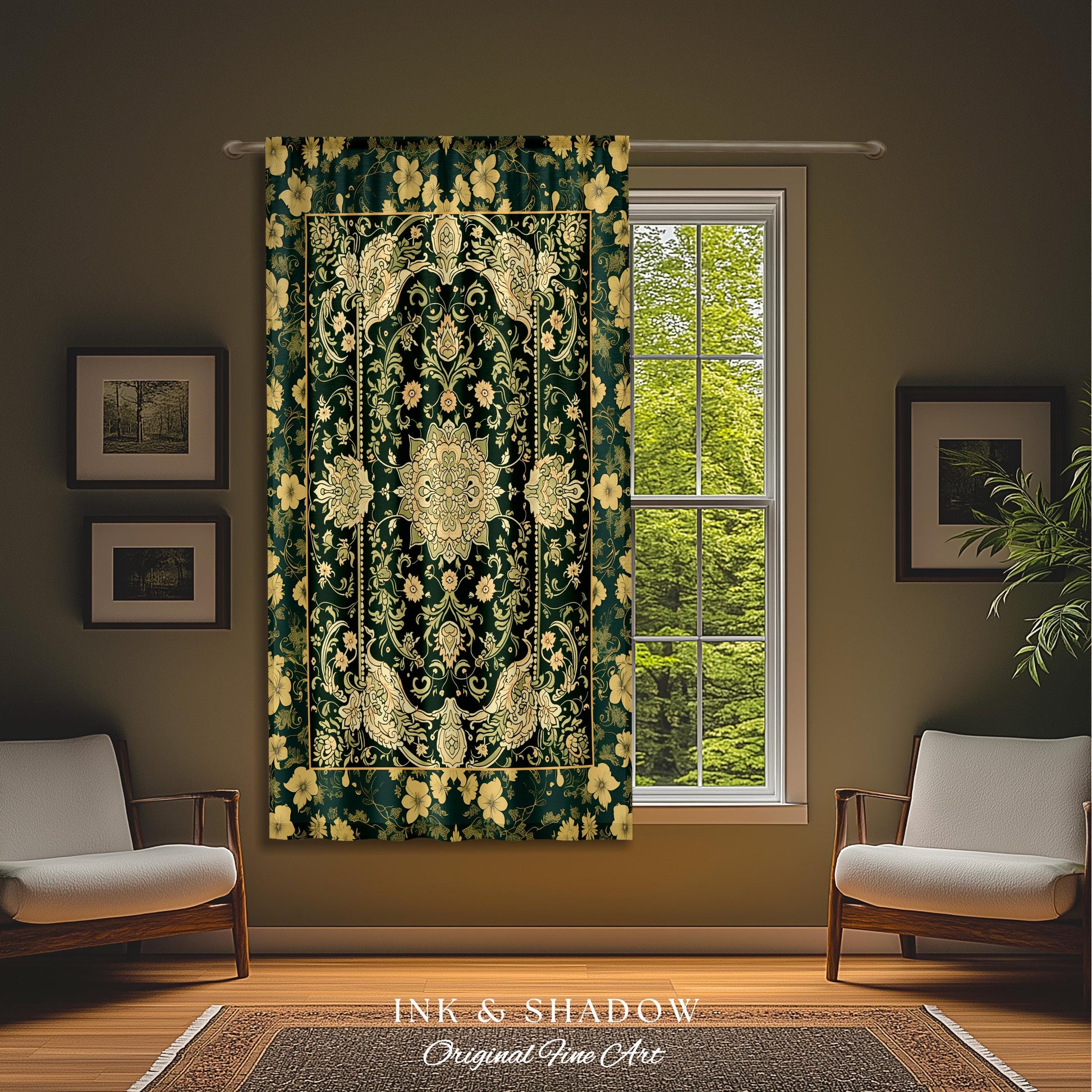 Antique-Inspired Bedroom Drapes | Gold and Emerald Accent Curtains Historical Aesthetic Enchanted Home Housewarming Gift Victorian Ornate |