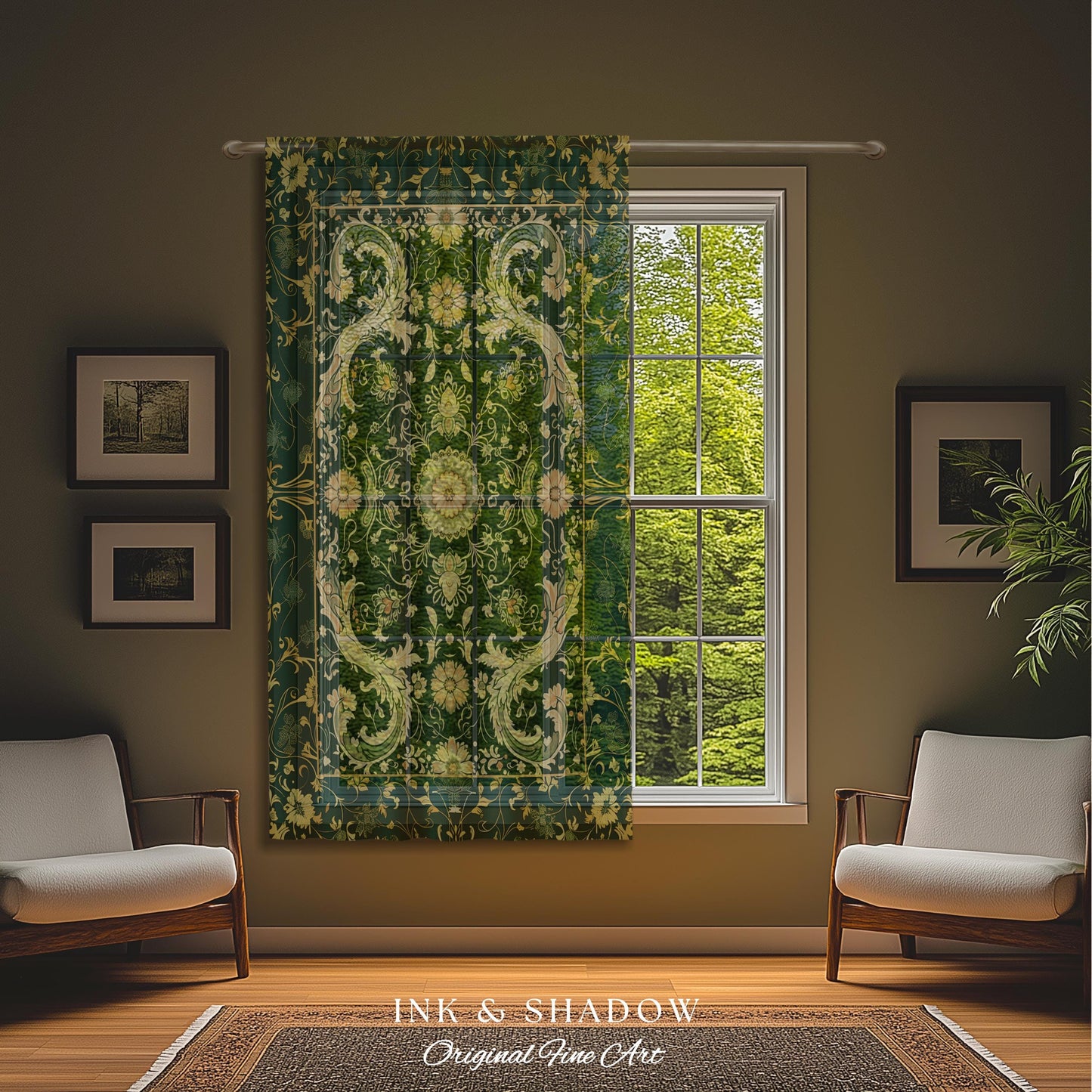 Whimsical Gothic Emerald Curtain | Dark Olive Panel Ethereal Room Accent Neo-Romantic Aesthetic Classical Baroque Revival Green Drape Set