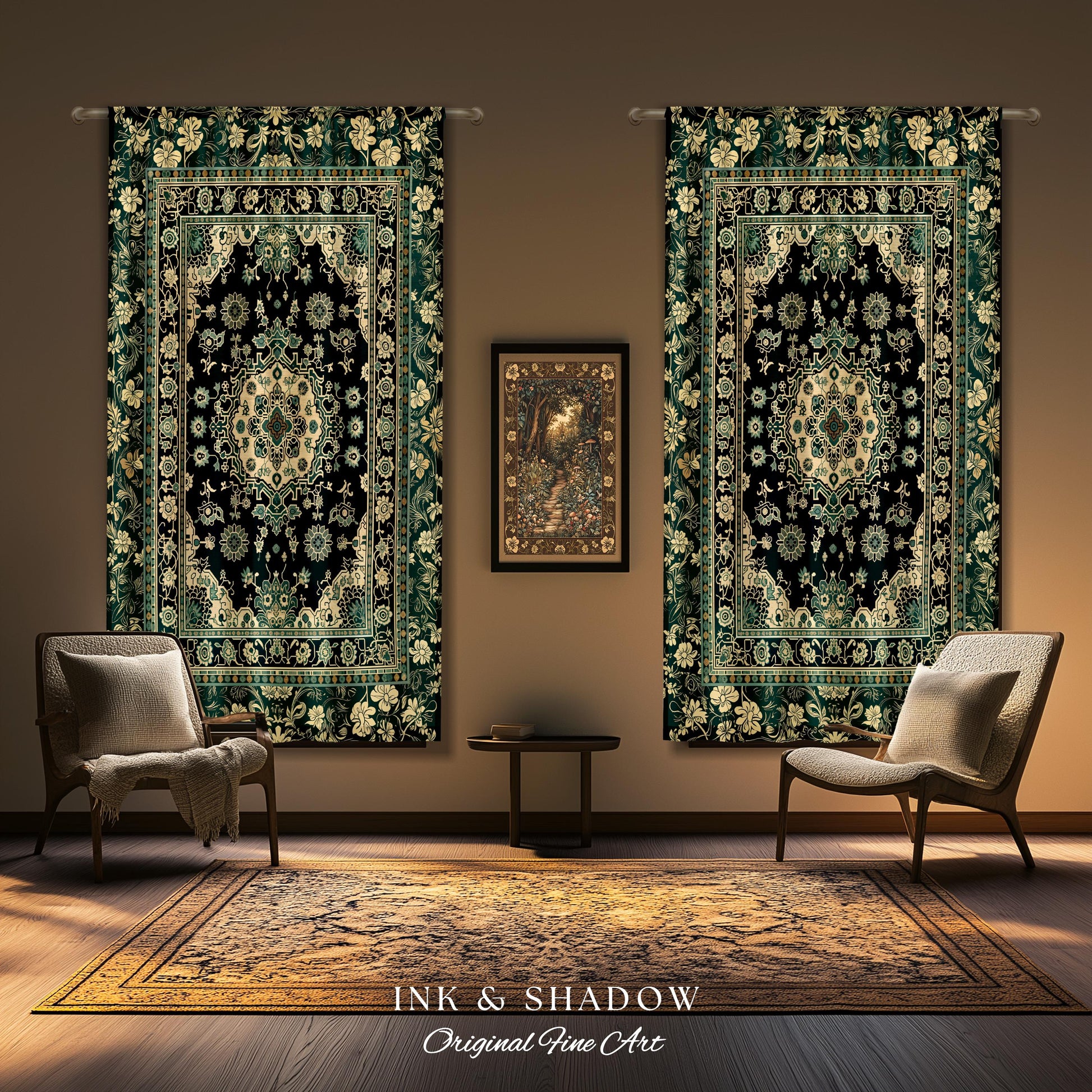 Victorian Gothic Bedroom Curtains | Reading Nook Cozy Window Drapes Ornate Statement Rug with Blue Green Detail Cottagecore Dark Academia