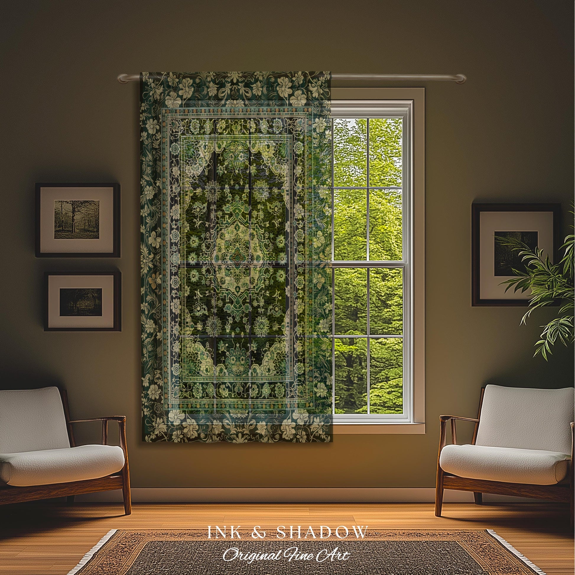 Victorian Gothic Bedroom Curtains | Reading Nook Cozy Window Drapes Ornate Statement Rug with Blue Green Detail Cottagecore Dark Academia