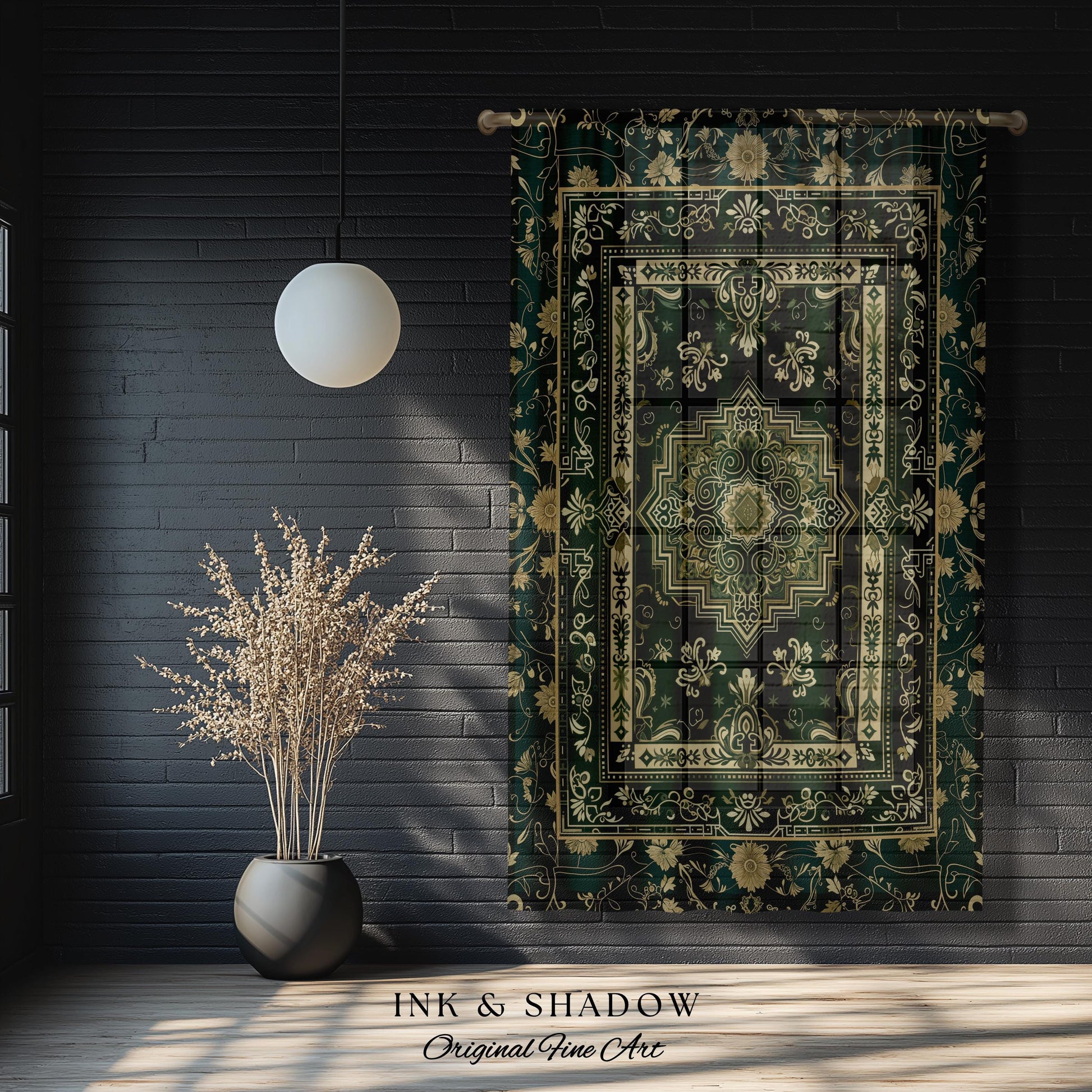 Gothic Maximalist Accent Curtain | Forest Green Window Drapes Ornate With Blue Green Detail Cottagecore Victorian Gothic Aesthetic Dark Teal