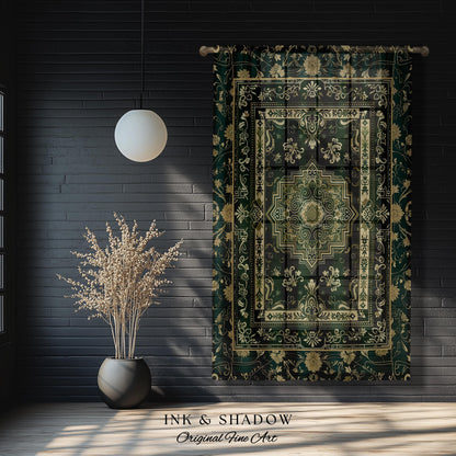 Gothic Maximalist Accent Curtain | Forest Green Window Drapes Ornate With Blue Green Detail Cottagecore Victorian Gothic Aesthetic Dark Teal