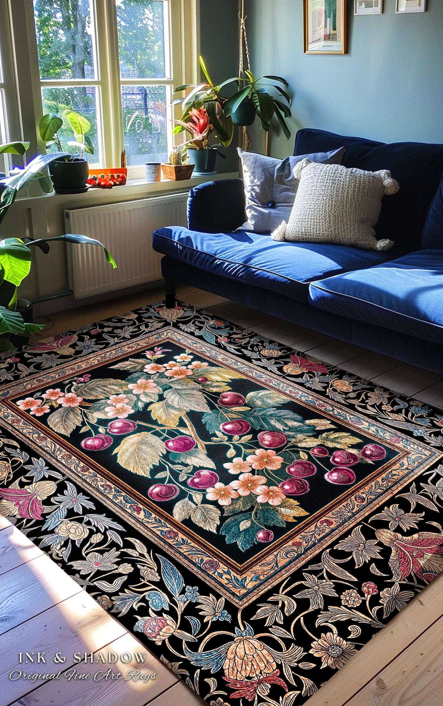 Dark Romantic Cherry Blossom Area Rug | Vintage Botanical Art Gothic Floral Design Moody Garden Accent Baroque Cottagecore Home Decor Royal