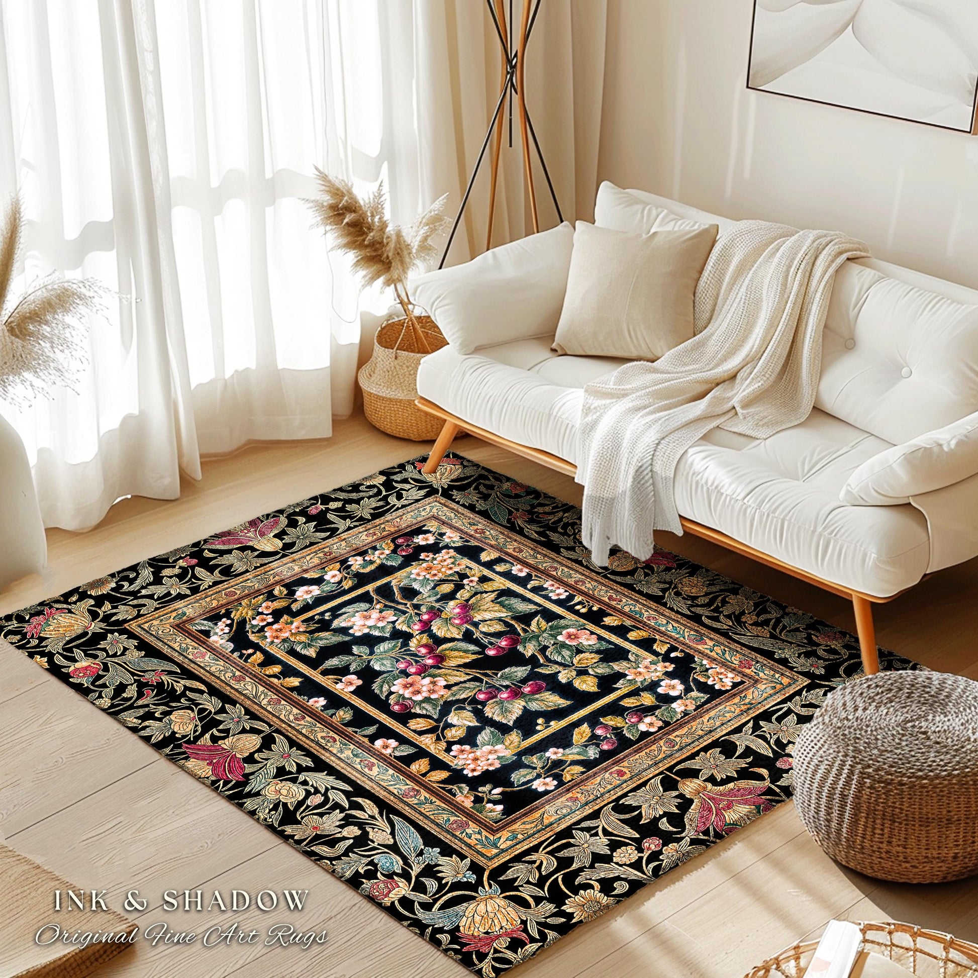 Mystic Baroque Cherry Garden Area Rug | Ornate Botanical Design Romantic Fruit Pattern Gothic Nature Style Rococo Floral Home Accent Classic