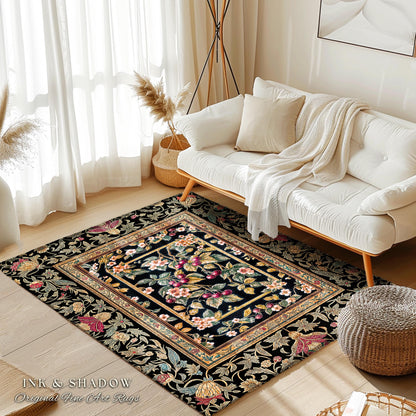 Mystic Baroque Cherry Garden Area Rug | Ornate Botanical Design Romantic Fruit Pattern Gothic Nature Style Rococo Floral Home Accent Classic