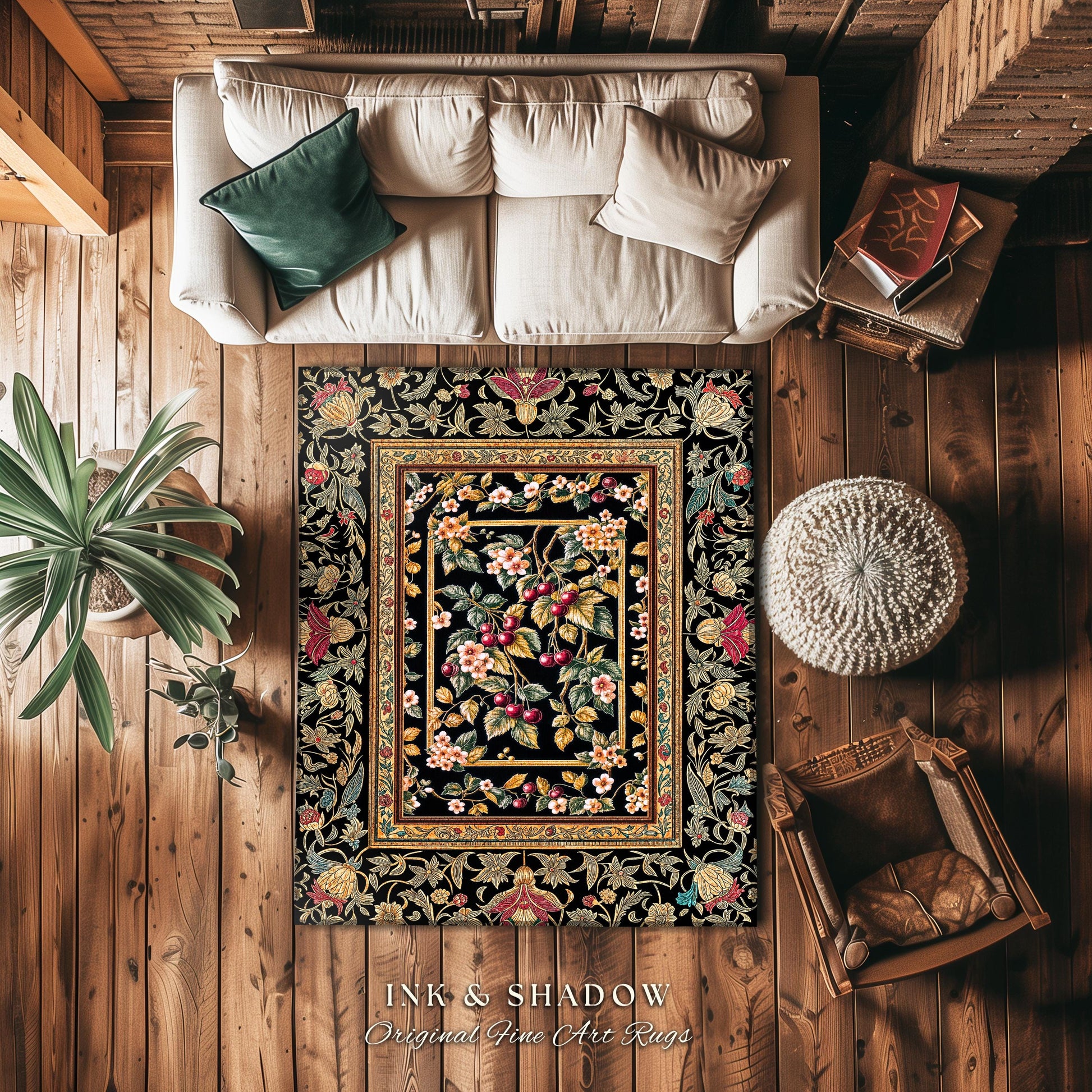Mystic Baroque Cherry Garden Area Rug | Ornate Botanical Design Romantic Fruit Pattern Gothic Nature Style Rococo Floral Home Accent Classic
