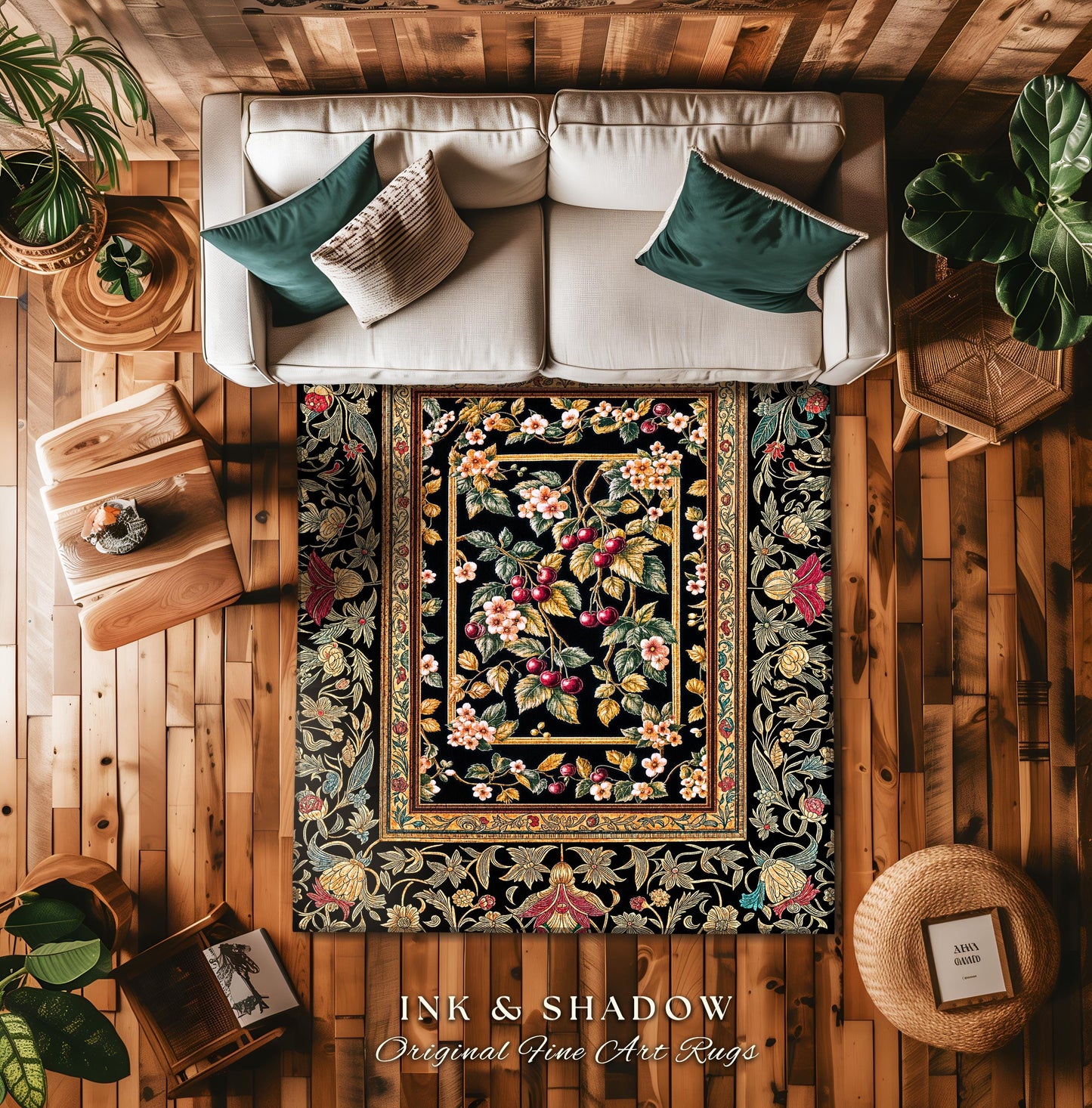 Mystic Baroque Cherry Garden Area Rug | Ornate Botanical Design Romantic Fruit Pattern Gothic Nature Style Rococo Floral Home Accent Classic