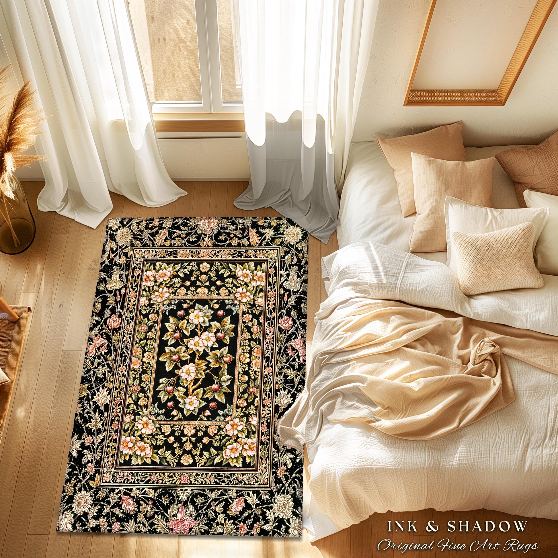 Maximalist Cherry Blossom Area Rug | Moody Gothic Garden Decor Romantic Floral Fruit Accent Victorian Style Botanical Interior Home Design