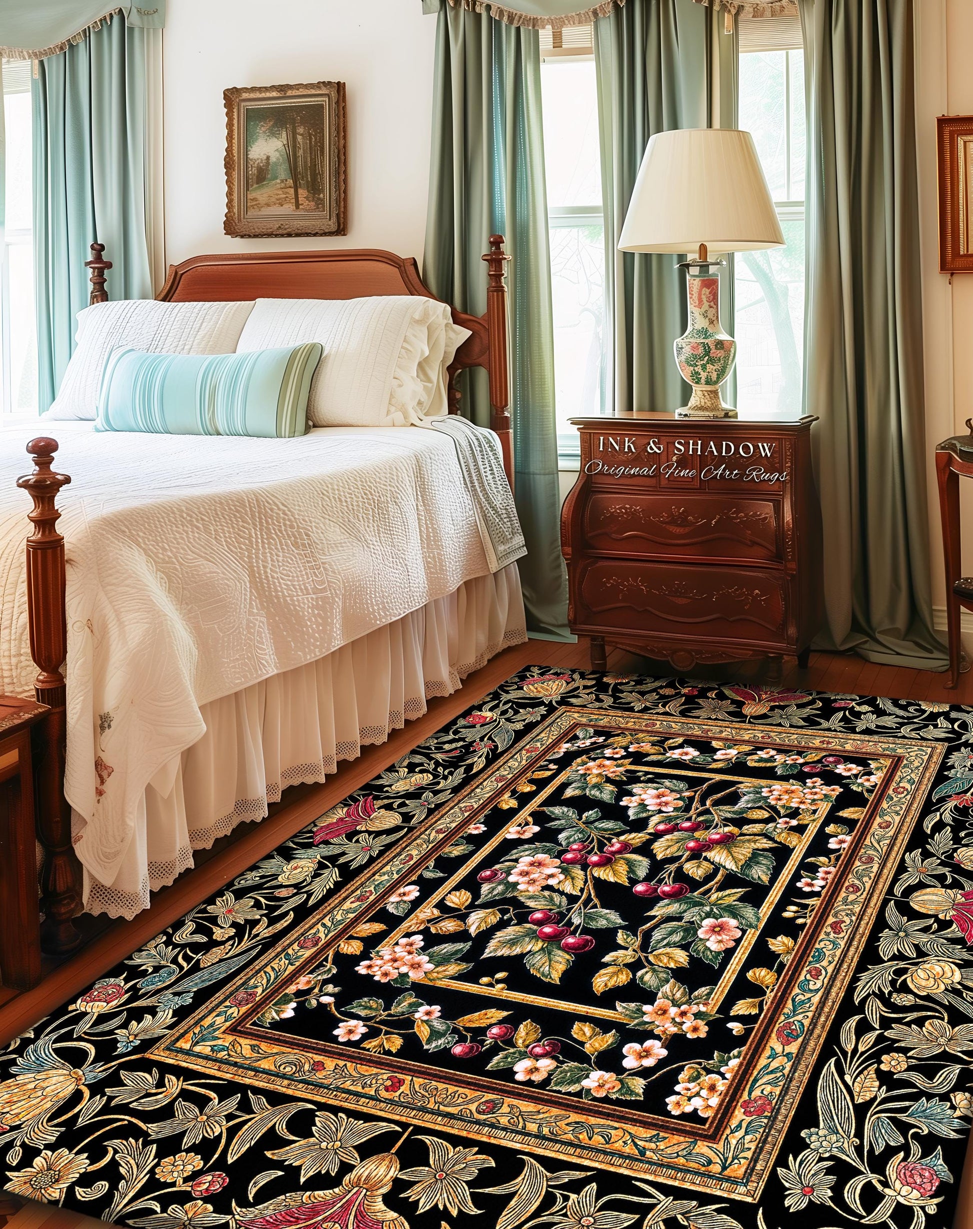 Mystic Baroque Cherry Garden Area Rug | Ornate Botanical Design Romantic Fruit Pattern Gothic Nature Style Rococo Floral Home Accent Classic