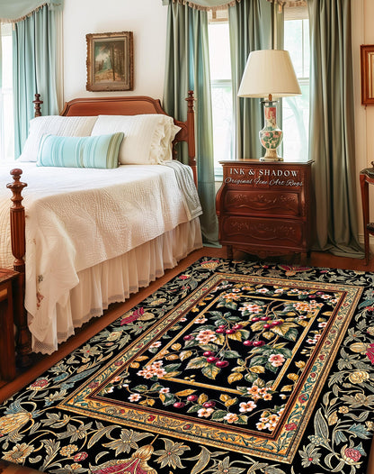 Mystic Baroque Cherry Garden Area Rug | Ornate Botanical Design Romantic Fruit Pattern Gothic Nature Style Rococo Floral Home Accent Classic