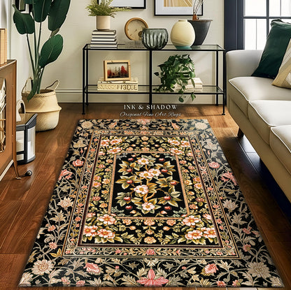 Maximalist Cherry Blossom Area Rug | Moody Gothic Garden Decor Romantic Floral Fruit Accent Victorian Style Botanical Interior Home Design