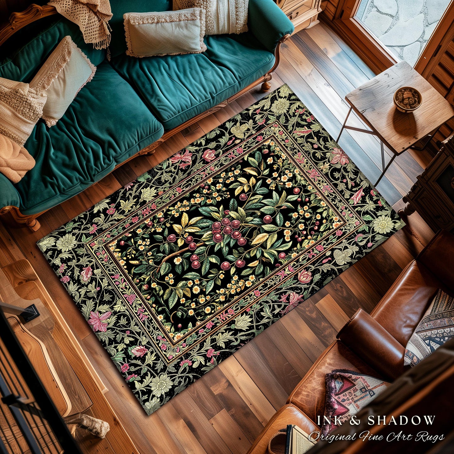 Gothic Elegance Cherry Accent Rug | Victorian Cottagecore Decor Baroque Floral Style Gothic Garden Area Rug Romantic Dark Aesthetic Ethereal