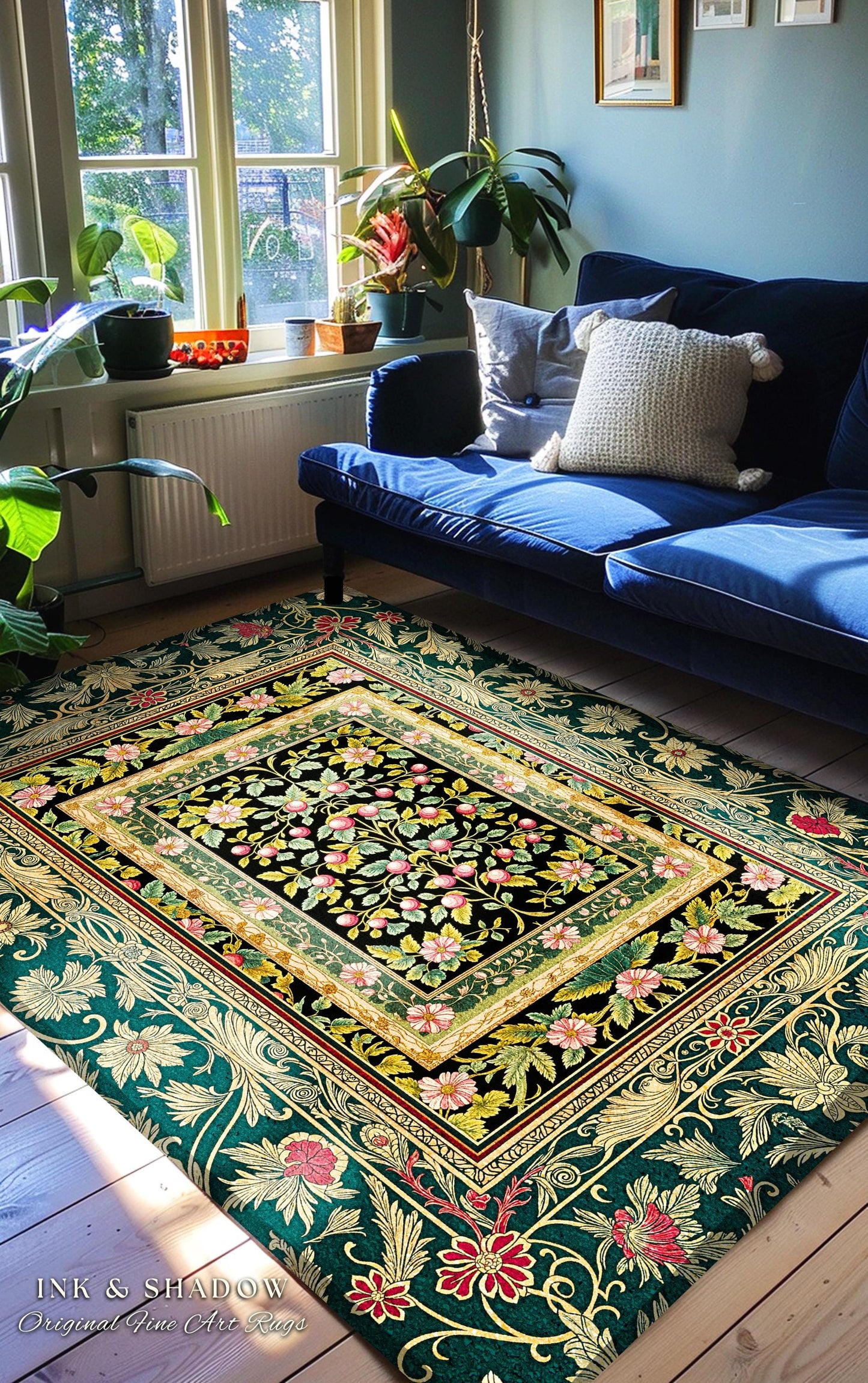 Botanical Abundance Gothic Area Rug | Baroque Rococo Garden Design Romantic Floral Accent Romantic Dark Cottagecore Vintage Botanical Decor