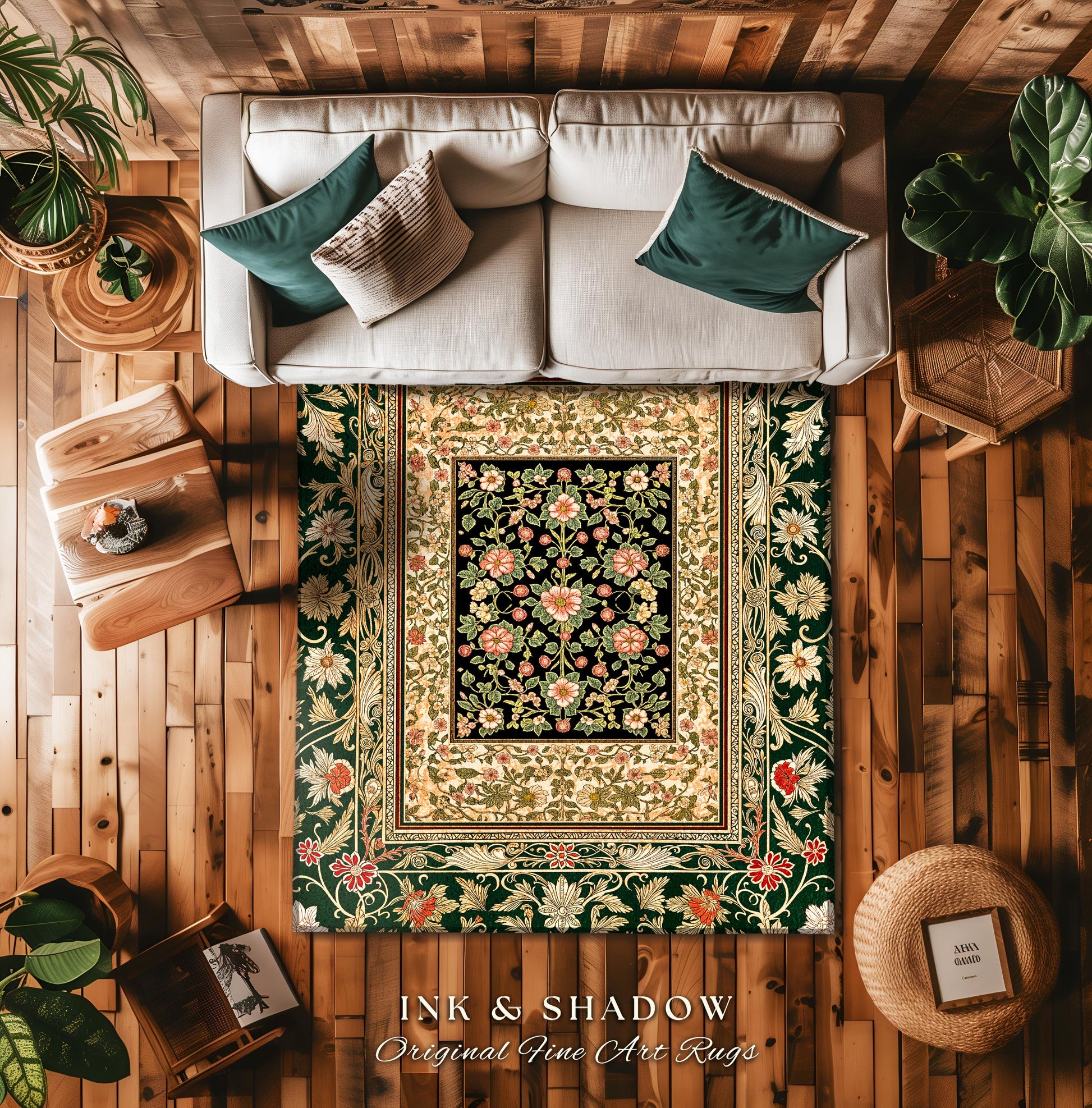 Victorian Garden Floral Area Rug | Romantic Rococo Botanical Accent Baroque Bloom Pattern Heritage Decor Cottagecore Jewel Toned Interior