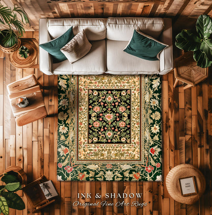 Victorian Garden Floral Area Rug | Romantic Rococo Botanical Accent Baroque Bloom Pattern Heritage Decor Cottagecore Jewel Toned Interior