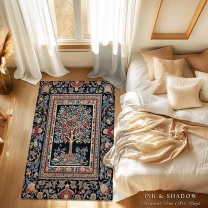 Medieval Cherry Tree of Life Area Rug | Baroque Botanical Pattern Romantic Gothic Style Vintage Garden Fruit Accent Maximalist Home Decor