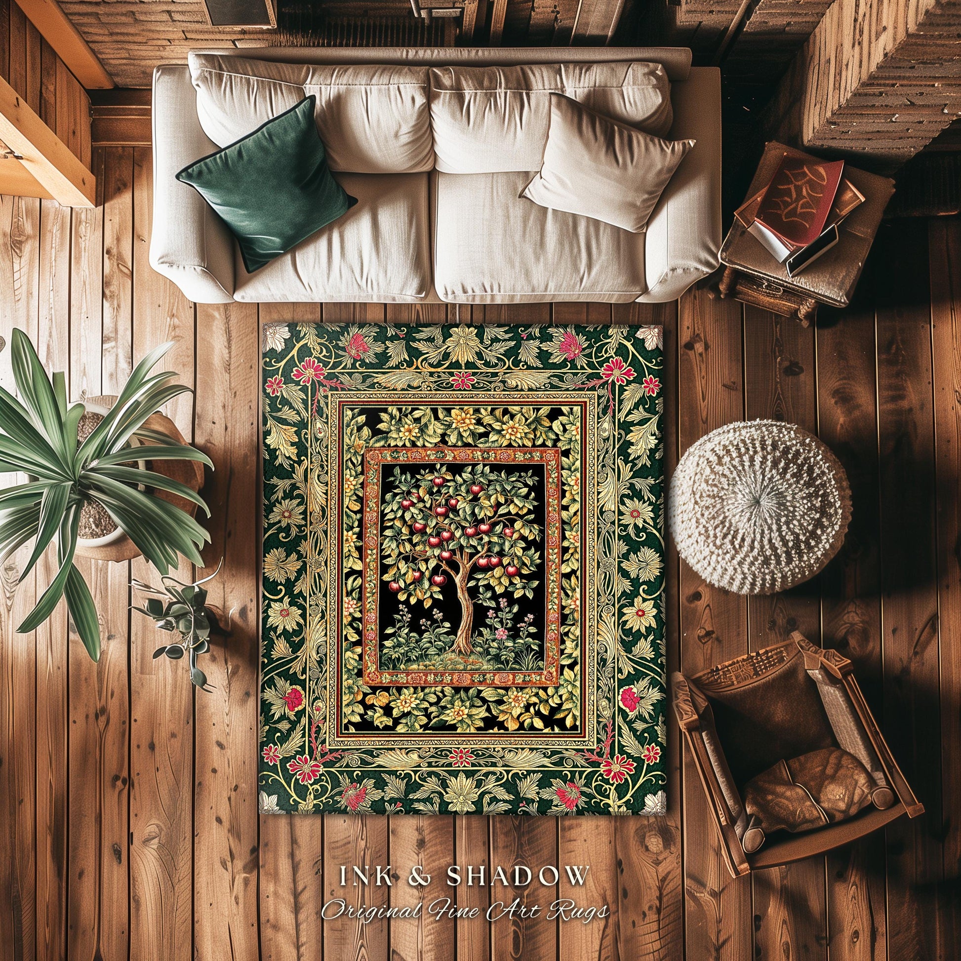 Storybook Gothic Cherry Tree Rug | Romantic Woodland Botanical Fruit Design Ornate Floral Tapestry Baroque Garden Accent Medieval Home Decor