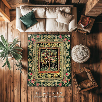 Storybook Gothic Cherry Tree Rug | Romantic Woodland Botanical Fruit Design Ornate Floral Tapestry Baroque Garden Accent Medieval Home Decor