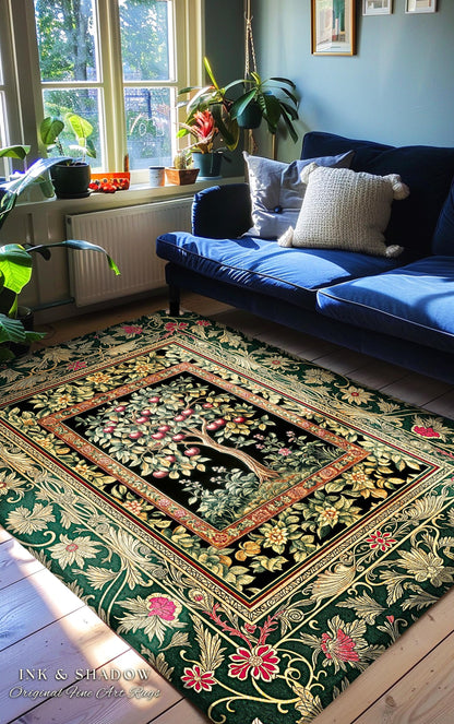 Storybook Gothic Cherry Tree Rug | Romantic Woodland Botanical Fruit Design Ornate Floral Tapestry Baroque Garden Accent Medieval Home Decor