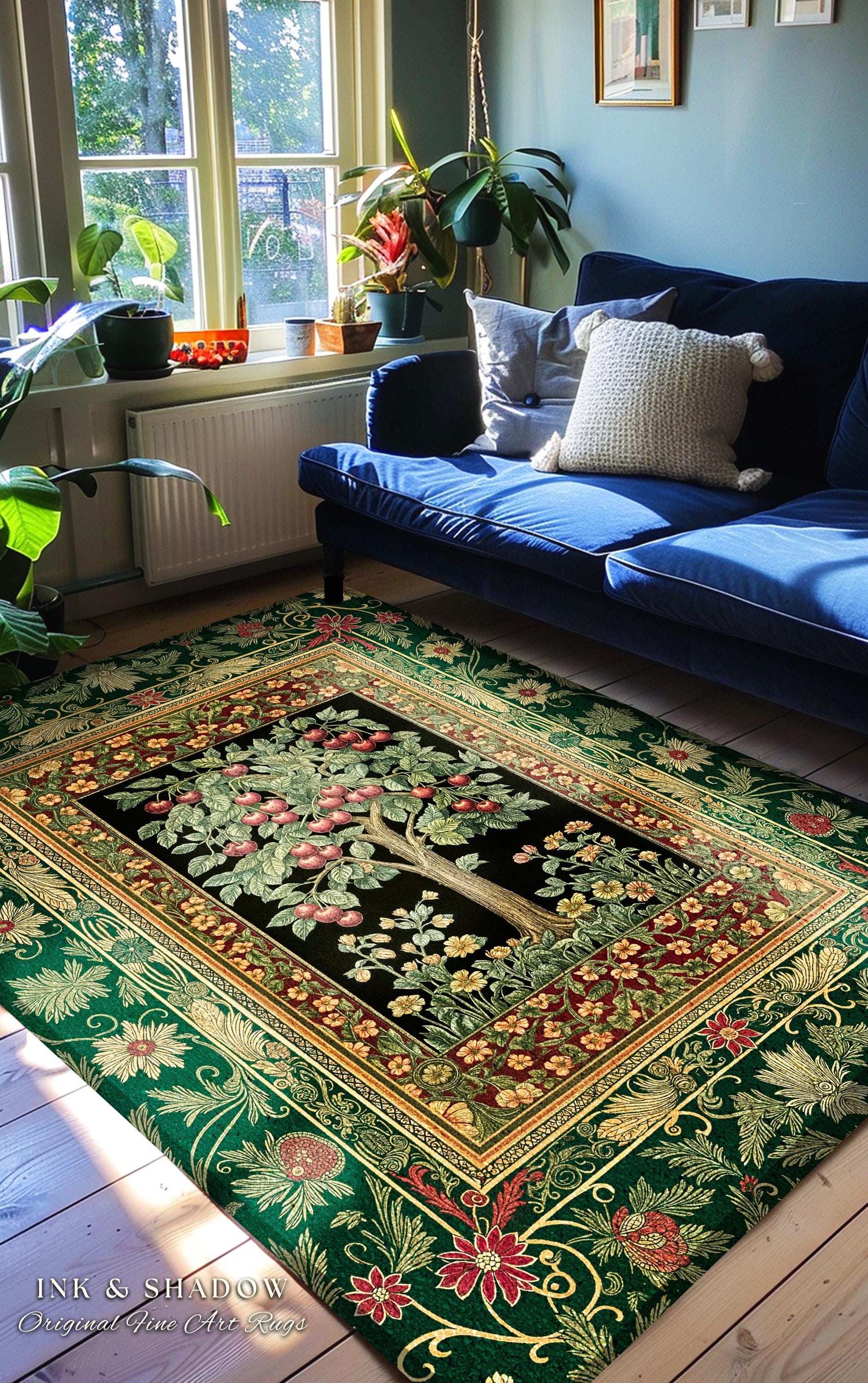 Woodland Folklore Tree of Life Area Rug | Romantic Botanical Decor Vintage Garden Baroque Floral Style Cottagecore Accent Classic Aesthetic