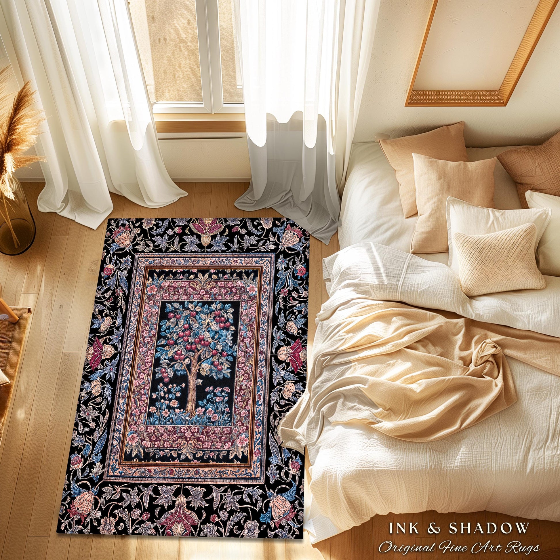 Mystical Dark Academia Tree of Life Area Rug | Moody Garden Jewel Tone Home Decor Baroque Botanical Style Dark Cottagecore Floral Accent |