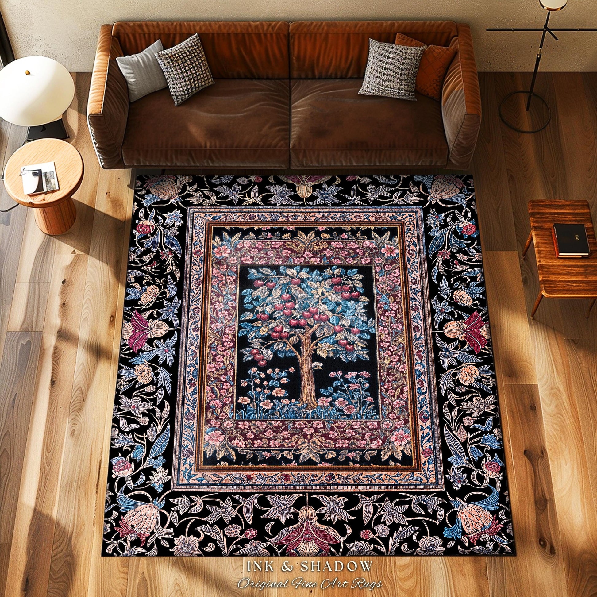 Mystical Dark Academia Tree of Life Area Rug | Moody Garden Jewel Tone Home Decor Baroque Botanical Style Dark Cottagecore Floral Accent |