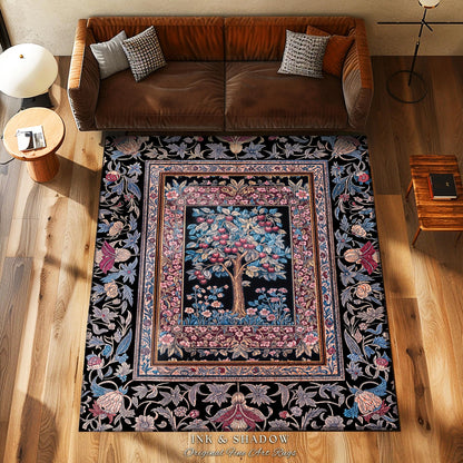 Mystical Dark Academia Tree of Life Area Rug | Moody Garden Jewel Tone Home Decor Baroque Botanical Style Dark Cottagecore Floral Accent |