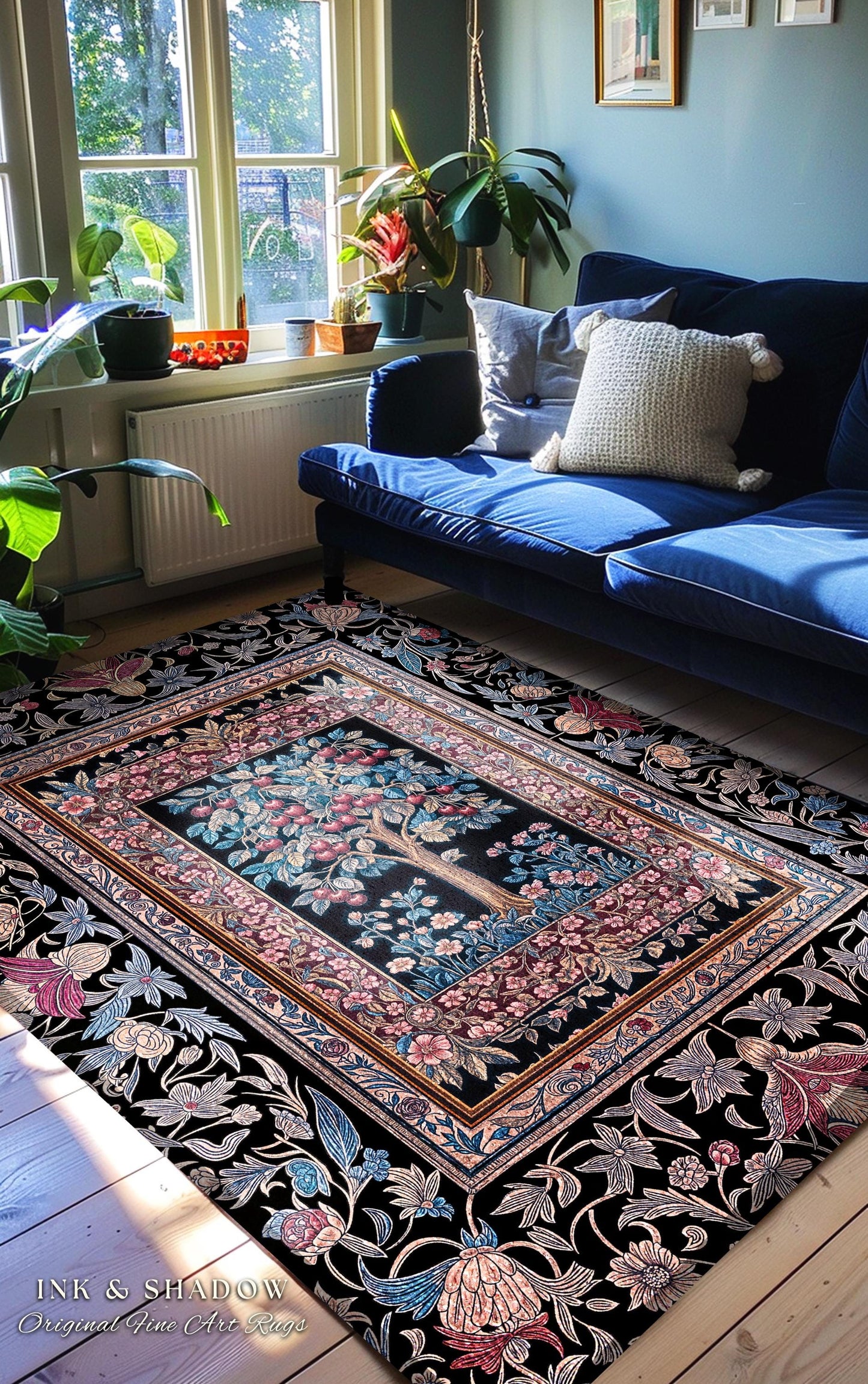 Mystical Dark Academia Tree of Life Area Rug | Moody Garden Jewel Tone Home Decor Baroque Botanical Style Dark Cottagecore Floral Accent |
