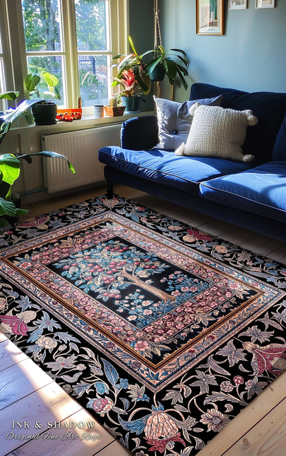 Mystical Dark Academia Tree of Life Area Rug | Moody Garden Jewel Tone Home Decor Baroque Botanical Style Dark Cottagecore Floral Accent |