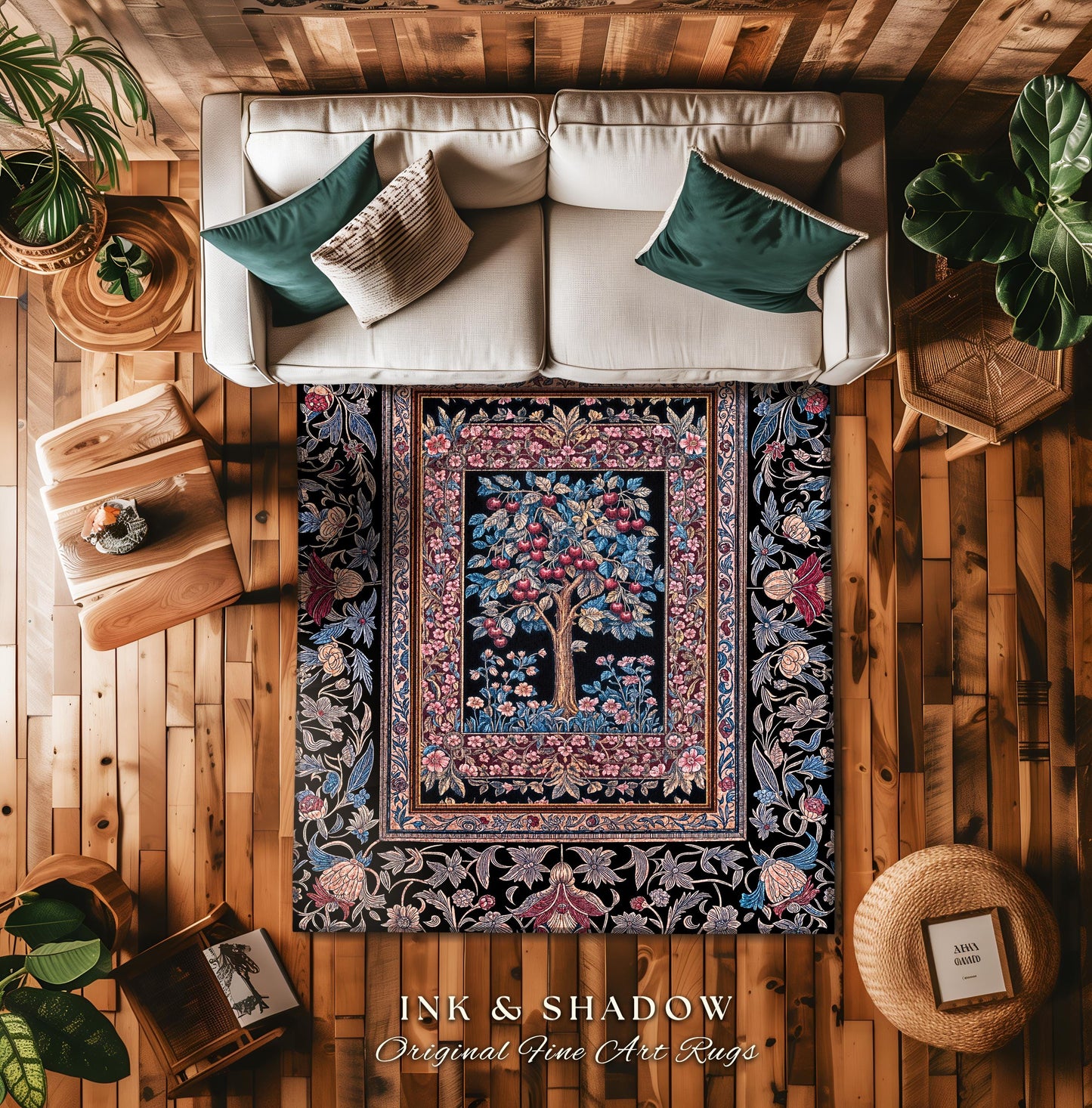 Mystical Dark Academia Tree of Life Area Rug | Moody Garden Jewel Tone Home Decor Baroque Botanical Style Dark Cottagecore Floral Accent |