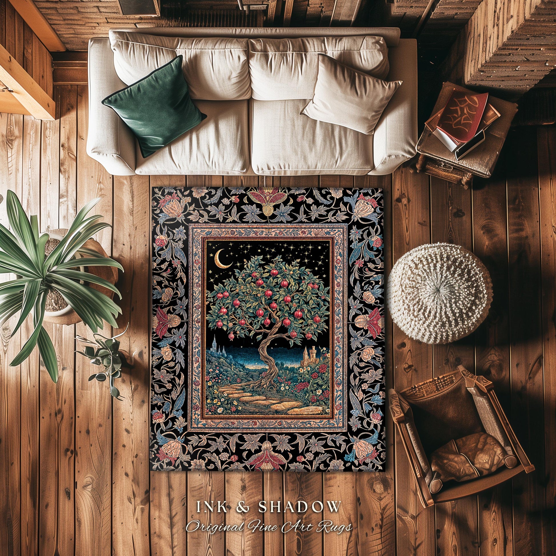 Twilight Orchard Tree Life Area Rug | Enchanted Harvest Aesthetic Crimson Moonlit Medieval Magic Style Eclectic Interior Home Accent Boho