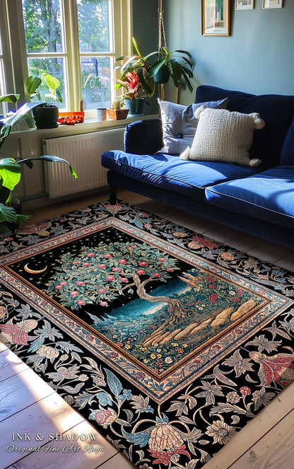 Twilight Orchard Tree Life Area Rug | Enchanted Harvest Aesthetic Crimson Moonlit Medieval Magic Style Eclectic Interior Home Accent Boho