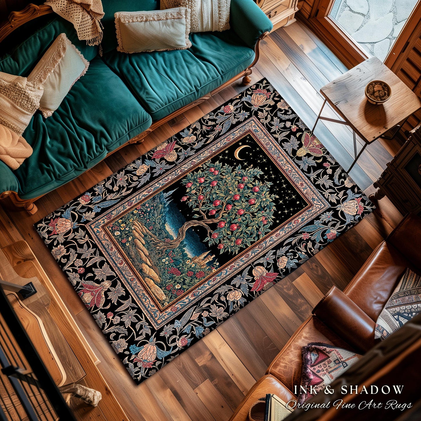 Twilight Orchard Tree Life Area Rug | Enchanted Harvest Aesthetic Crimson Moonlit Medieval Magic Style Eclectic Interior Home Accent Boho