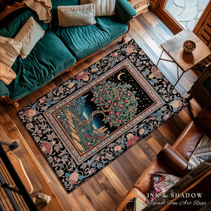 Twilight Orchard Tree Life Area Rug | Enchanted Harvest Aesthetic Crimson Moonlit Medieval Magic Style Eclectic Interior Home Accent Boho