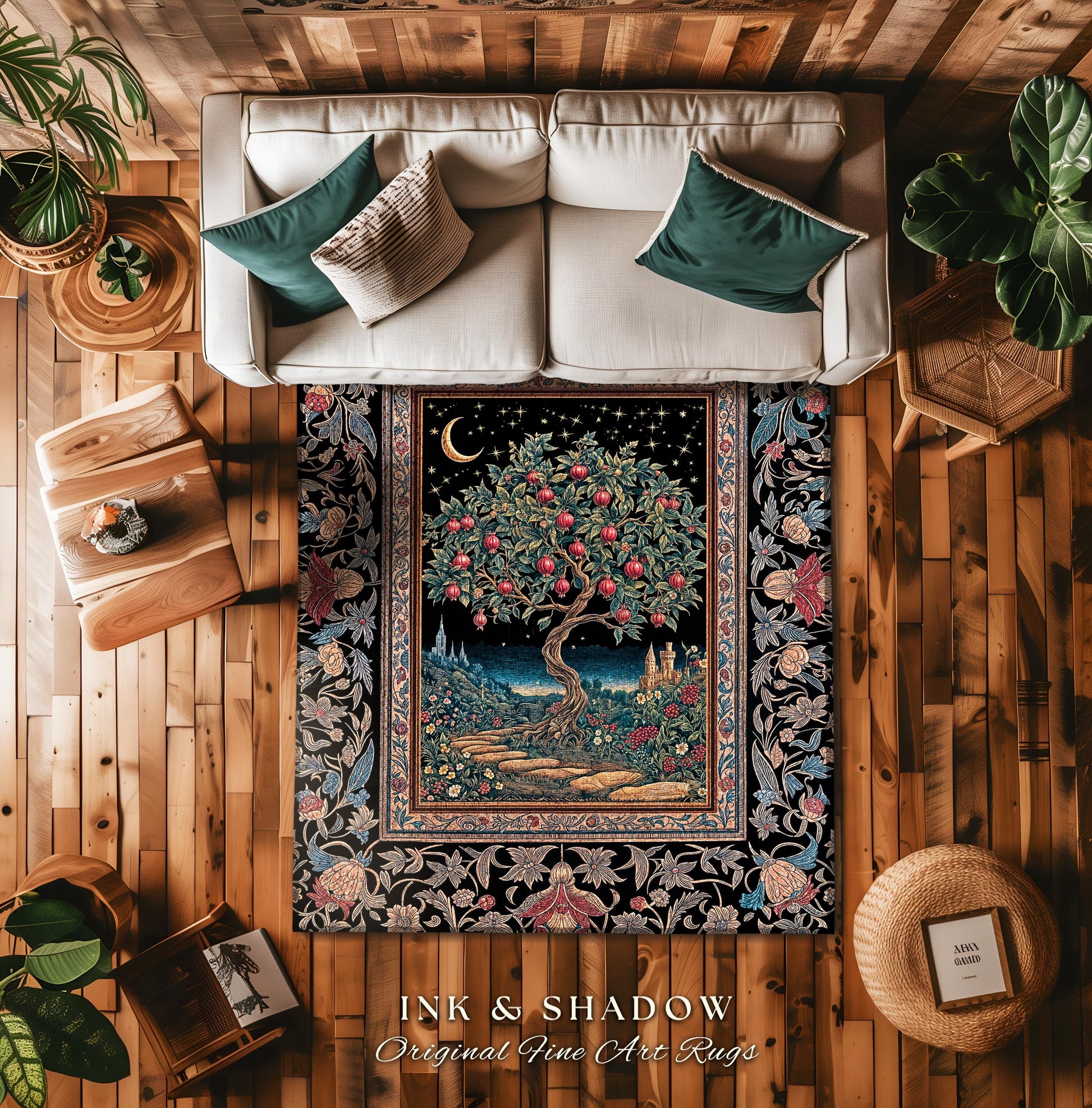 Twilight Orchard Tree Life Area Rug | Enchanted Harvest Aesthetic Crimson Moonlit Medieval Magic Style Eclectic Interior Home Accent Boho