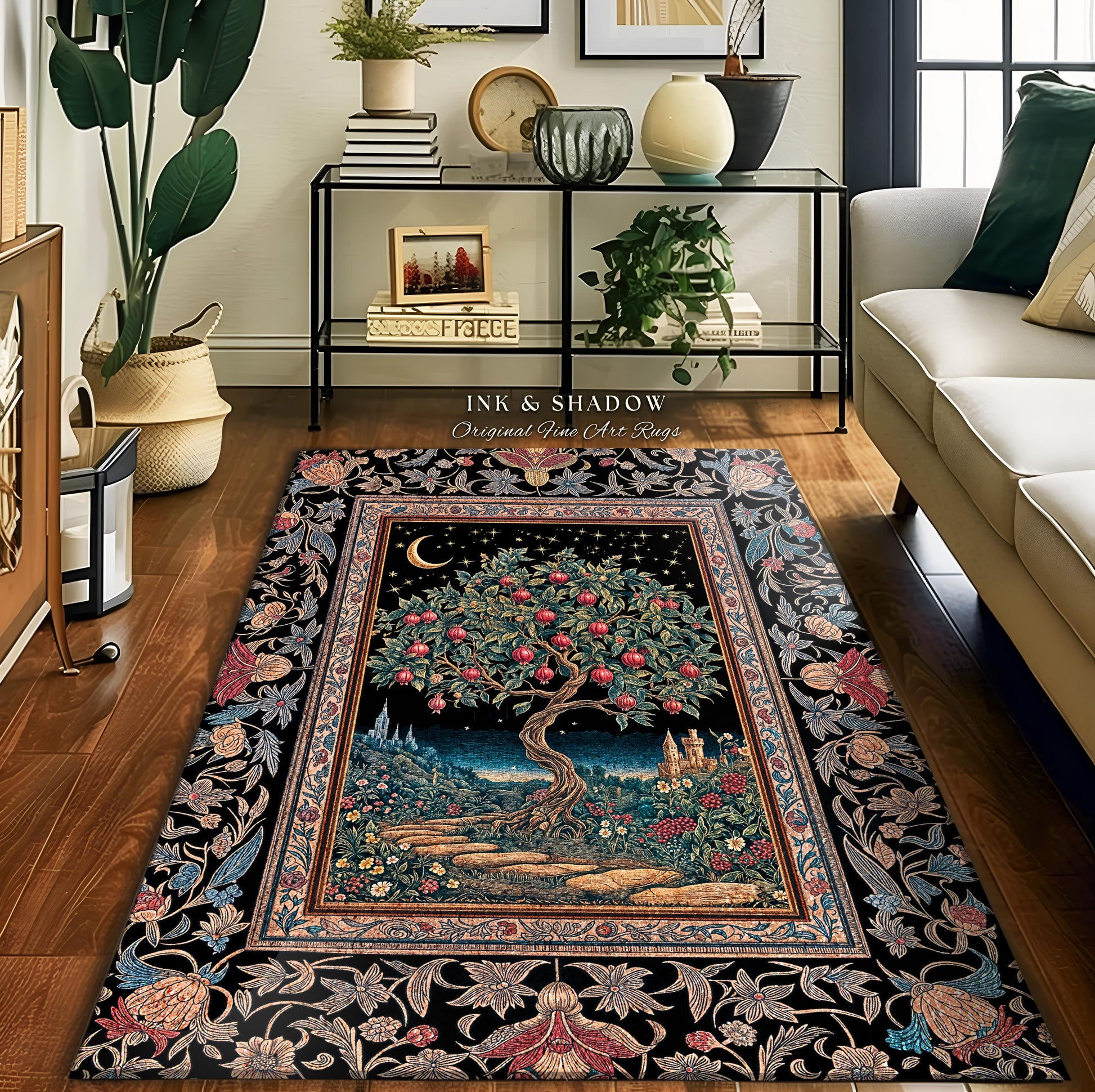 Twilight Orchard Tree Life Area Rug | Enchanted Harvest Aesthetic Crimson Moonlit Medieval Magic Style Eclectic Interior Home Accent Boho