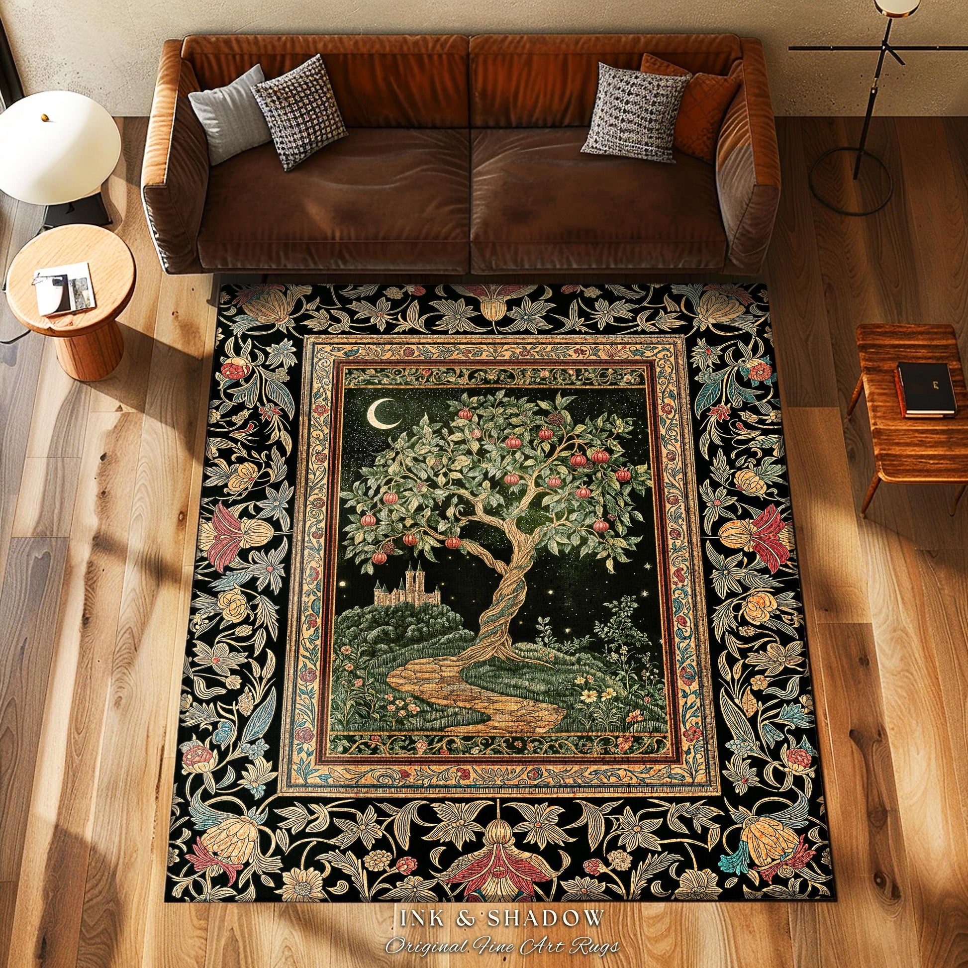 Moonlit Magic Whimsical Tree Area Rug | Celestial Forest Midnight Aesthetic Folklore Fairy Tale Decor Medieval Style Home Accent Celestial