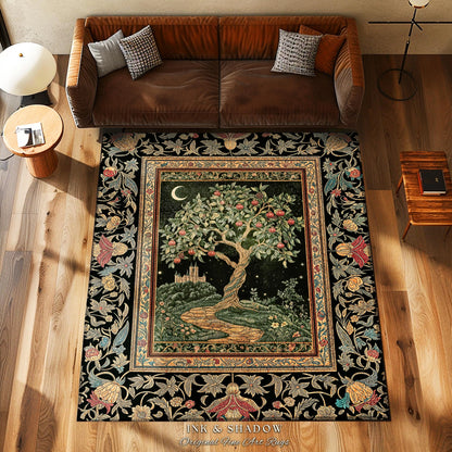 Moonlit Magic Whimsical Tree Area Rug | Celestial Forest Midnight Aesthetic Folklore Fairy Tale Decor Medieval Style Home Accent Celestial
