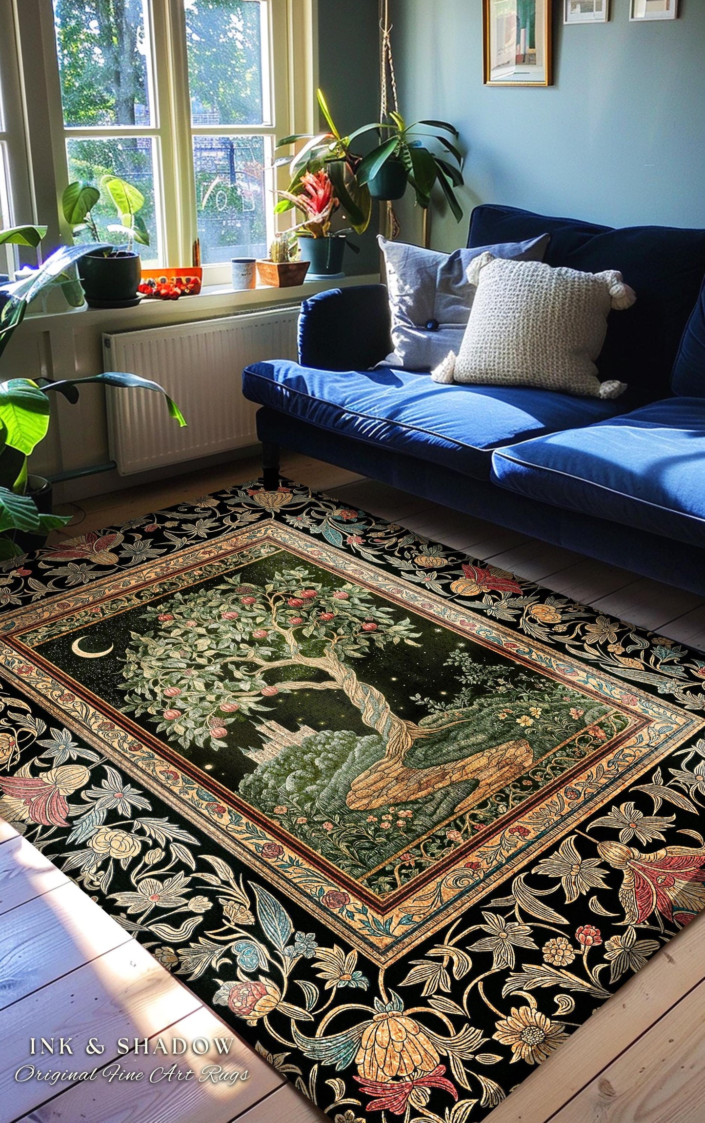 Moonlit Magic Whimsical Tree Area Rug | Celestial Forest Midnight Aesthetic Folklore Fairy Tale Decor Medieval Style Home Accent Celestial